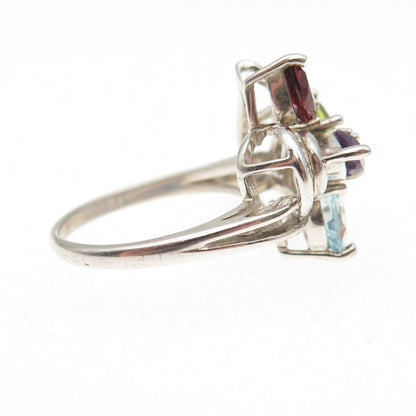 925 Sterling Vintage Real Topaz Garnet Citrine Peridot & Amethyst Ring Size 7.25
