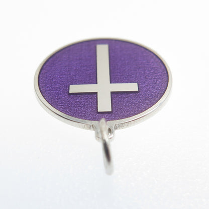 925 Sterling Silver Purple Enamel Cross Round Tag Minimalist Charm Pendant