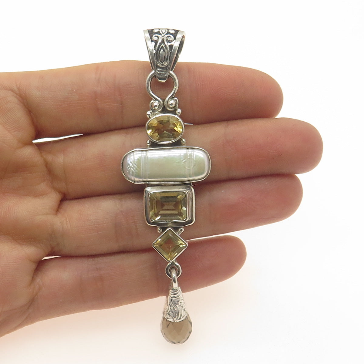 925 Sterling Silver Vintage Real MOP Smoky Quartz & Citrine Modernist Pendant