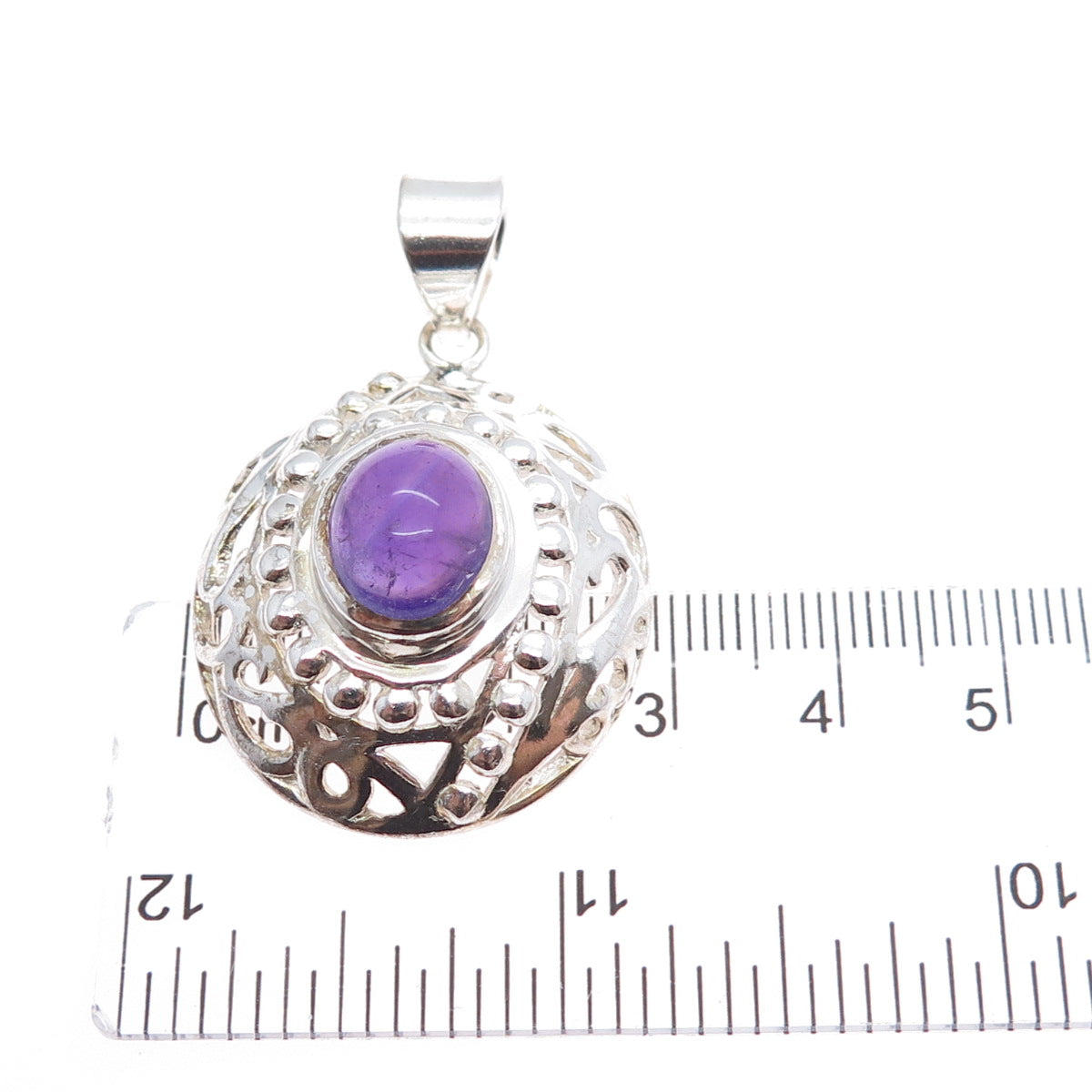 925 Sterling Silver Vintage Real Oval-Cut Amethyst Beaded Charm Pendant