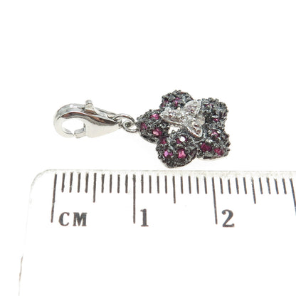 925 Sterling Silver Real White Topaz & Ruby Floral Lobster Lock Charm Pendant