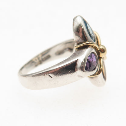 925 Sterling 18K Gold Vintage Real Topaz Amethyst Peridot & Citrine Ring Size 7