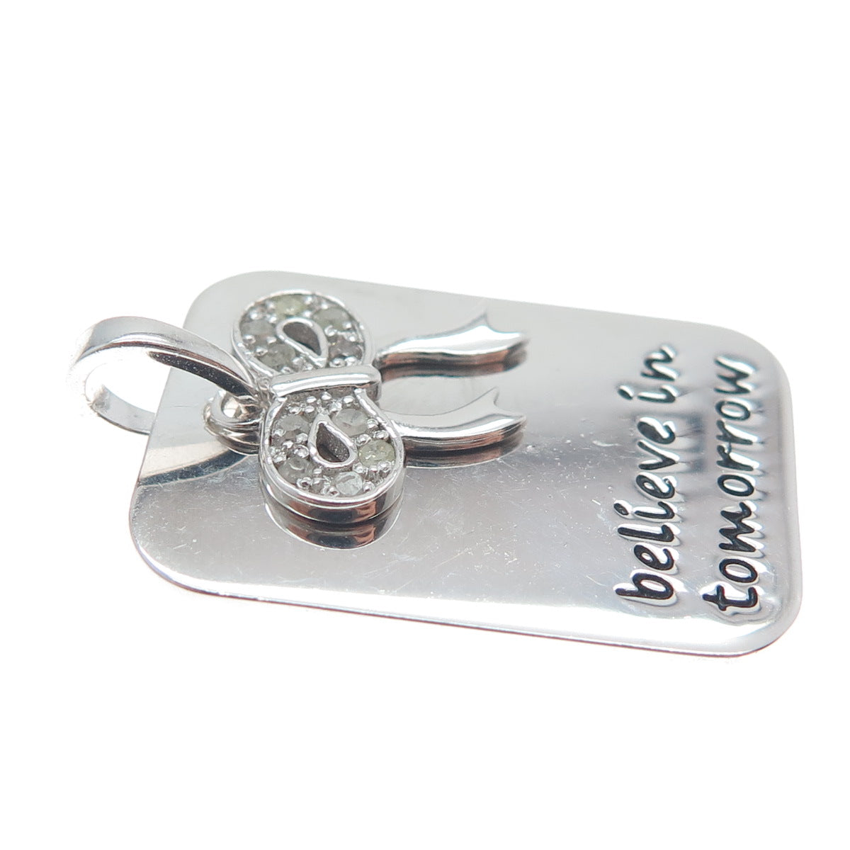 HAN Sterling Silver Real Round-Cut Diamond Believe In Tomorrow Bow Charm Pendant