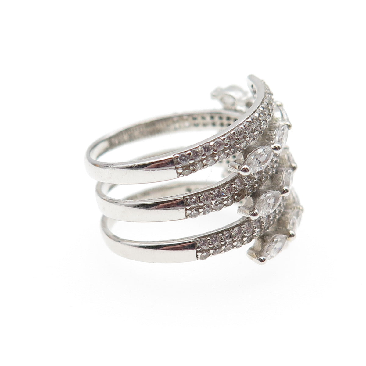 925 Sterling Silver Marquise & Round-Cut C Z Multi-Row Ring Size 6.25