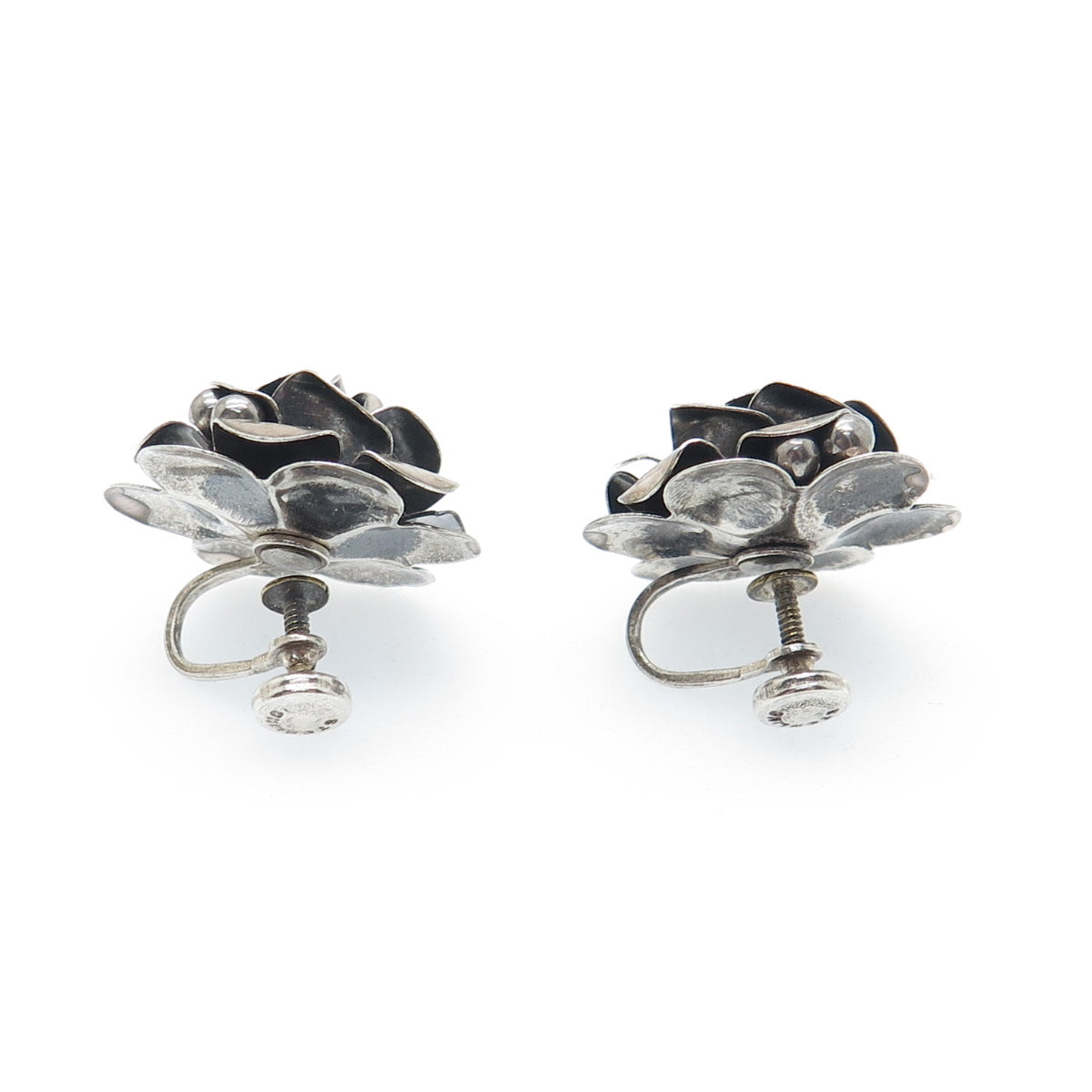 925 Sterling Silver Vintage Modernist Rose Flower Oxidized Screw Back Earrings