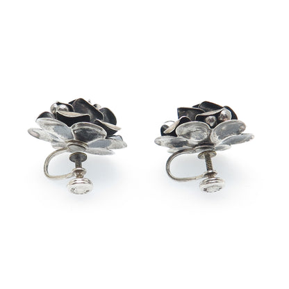 925 Sterling Silver Vintage Modernist Rose Flower Oxidized Screw Back Earrings