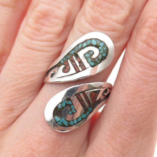 Old Pawn Sterling Silver Vintage Turquoise Coral Inlay Adjustable Ring Size 8.5