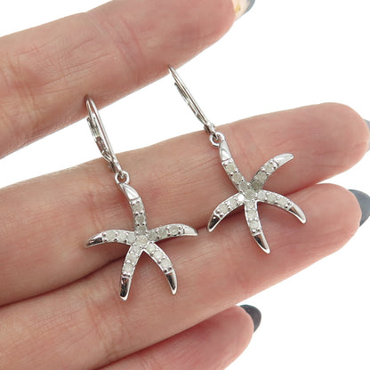 925 Sterling Silver Real Round-Cut Diamond Starfish Dangling Earrings