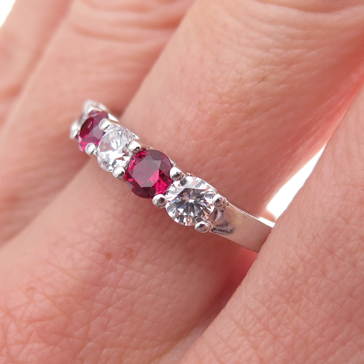 925 Sterling Silver Round-Cut Lab-Created Ruby & C Z Ring Size 9.25