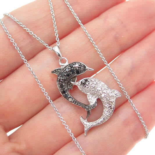KARIZIA SPA KA-1772 Sterling Silver Black & White Diamond Dolphin Necklace 18"