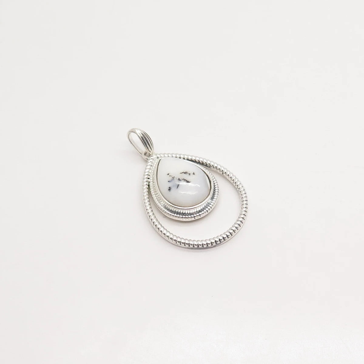 925 Sterling Silver Vintage Real Dendritic Agate Gem Teardrop Pendant