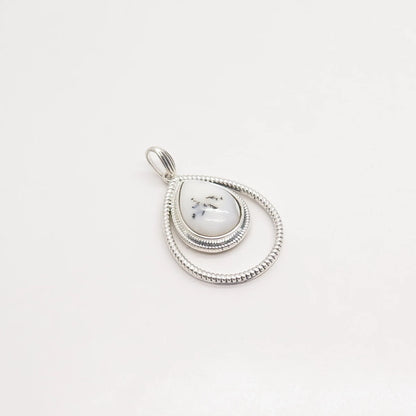 925 Sterling Silver Vintage Real Dendritic Agate Gem Teardrop Pendant