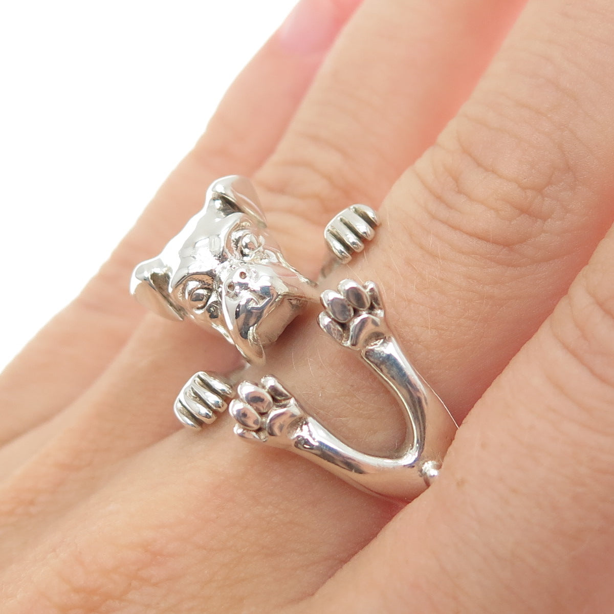 NOVE25 925 Sterling Silver Vintage Italy Bulldog Adjustable Hug Ring Size 5.75