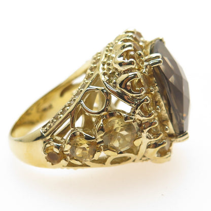 925 Sterling Silver Gold Plated Real Smoky Quartz & Citrine Ring Size 7