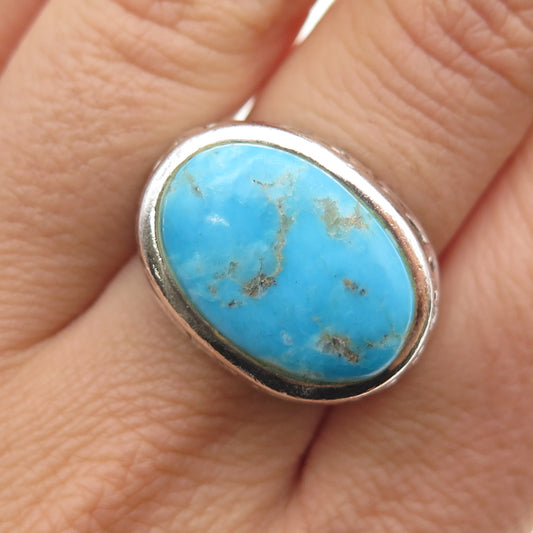 925 Sterling Silver Vintage Real Tyrone Turquoise Ornate Ring Size 8