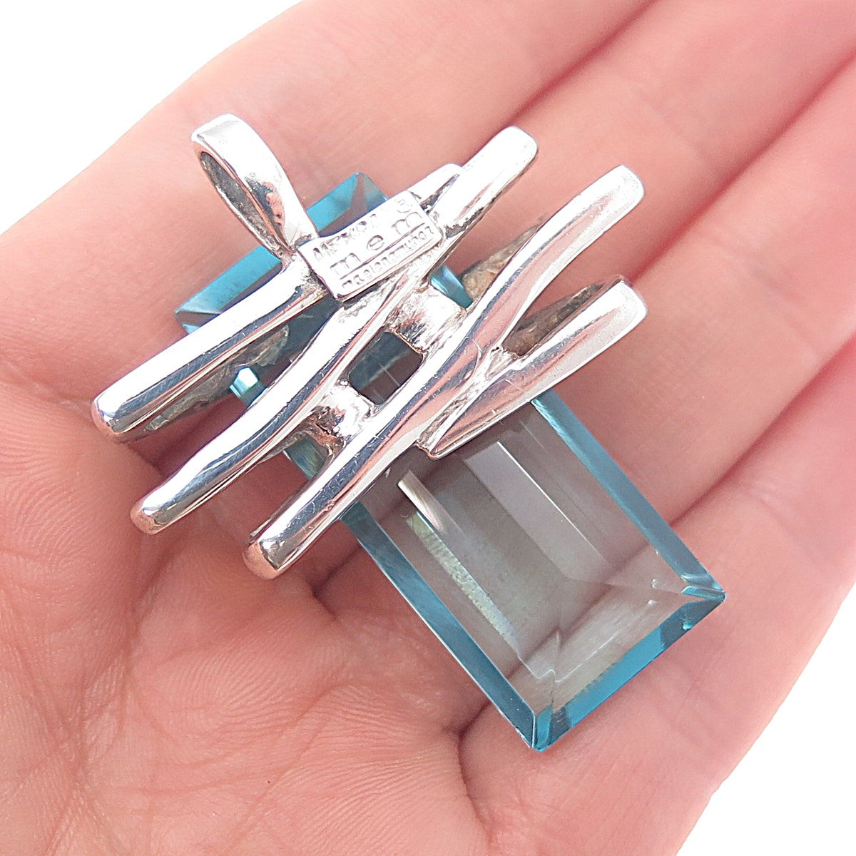 Maria Elena Munoz Sterling Silver Vintage Mexico Blue Glass Modernist Pendant