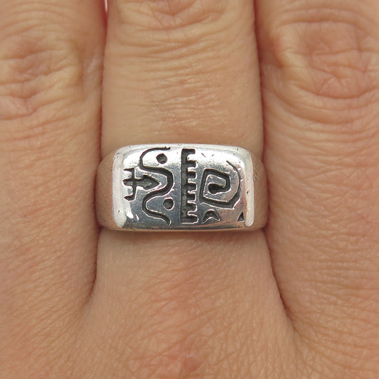 925 Sterling Silver Vintage Tribal Symbol Bar Signet Ring Size 7.75