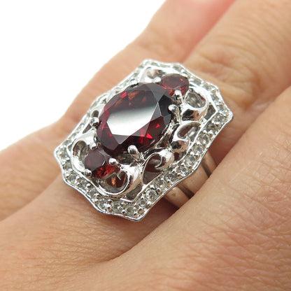 925 Sterling Silver Real White Topaz & Red Garnet Gemstone Ornate Ring Size 6.25