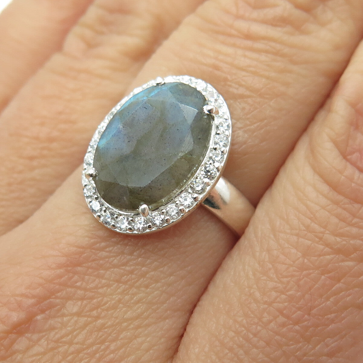 FRANK AHM 925 Sterling Silver Real Oval-Cut Labradorite & C Z Ring Size 7.75