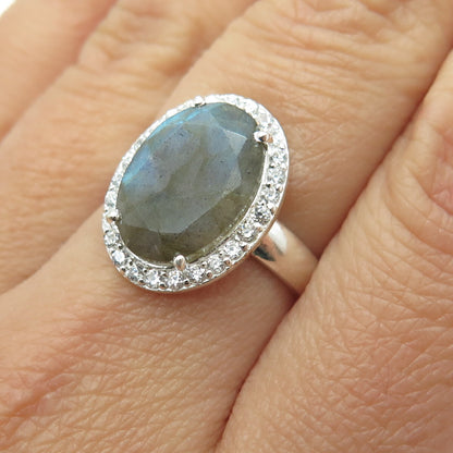 FRANK AHM 925 Sterling Silver Real Oval-Cut Labradorite & C Z Ring Size 7.75