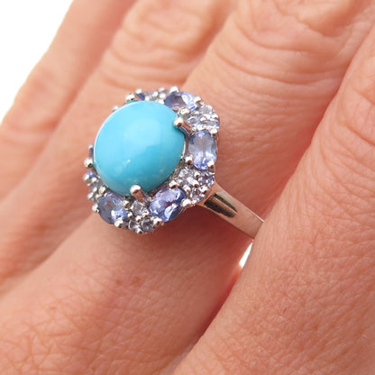 Chuck Clemency 925 Sterling Silver Real Turquoise & Tanzanite Floral Ring Size 8