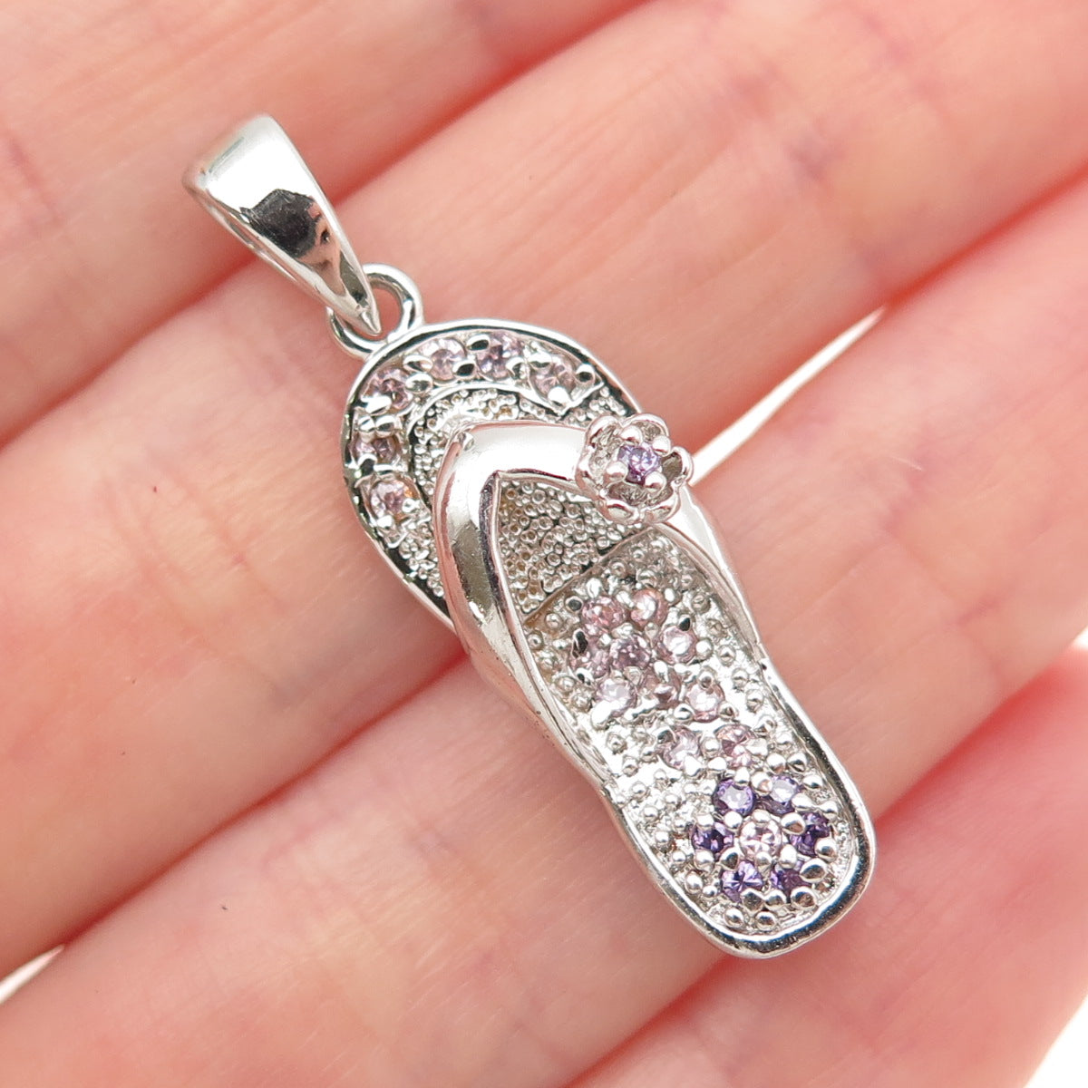 925 Sterling Silver Round-Cut Pink & Purple C Z Flip Flop Charm Pendant