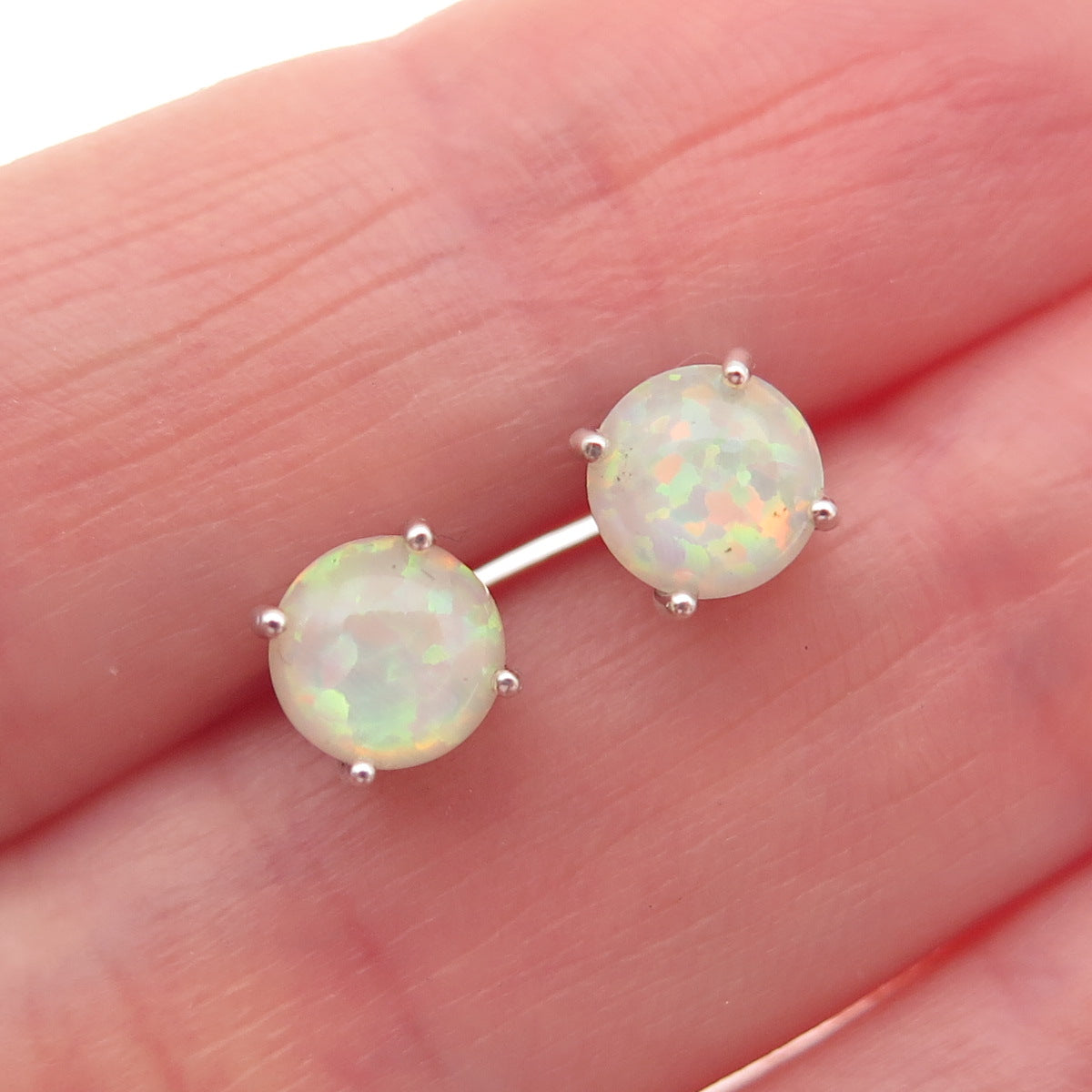 925 Sterling Silver Real Round-Cut Opal Stud Earrings