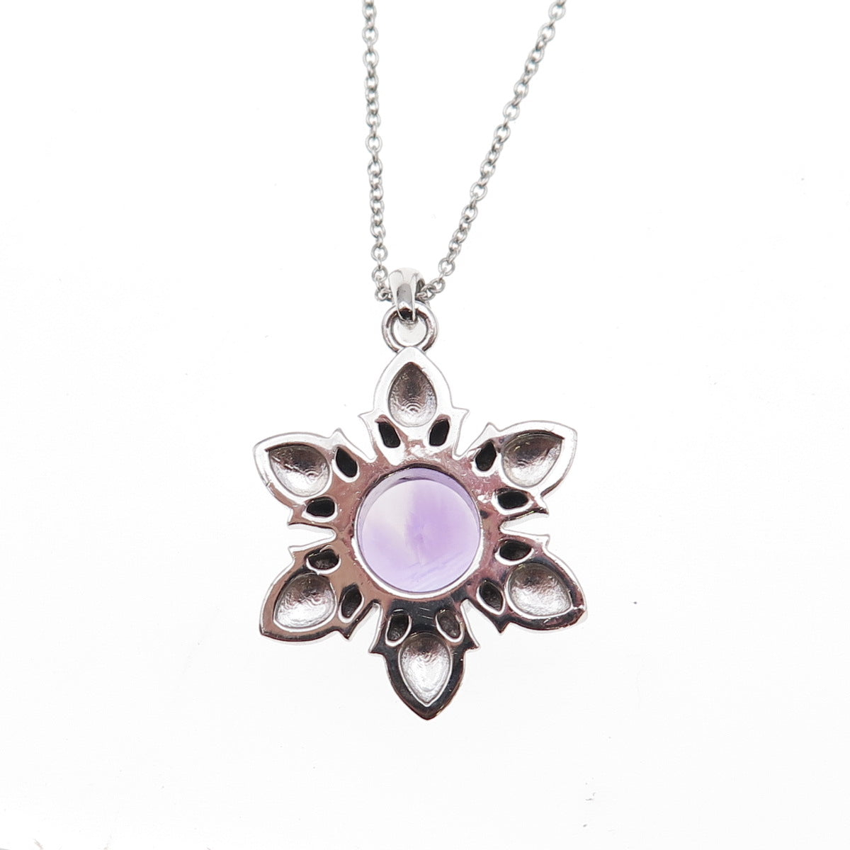 925 Sterling Silver Mexico Real Amethyst Flower Cable Chain Necklace 18"