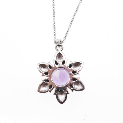 925 Sterling Silver Mexico Real Amethyst Flower Cable Chain Necklace 18"