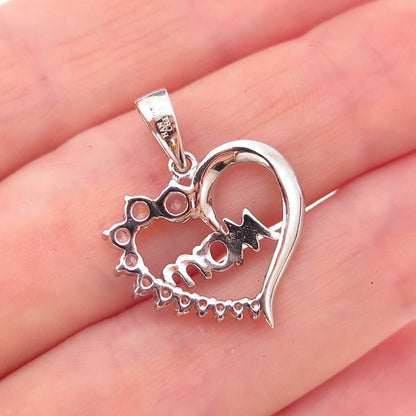 Han 925 Sterling Silver Round-Cut C Z Mom Heart Charm Pendant