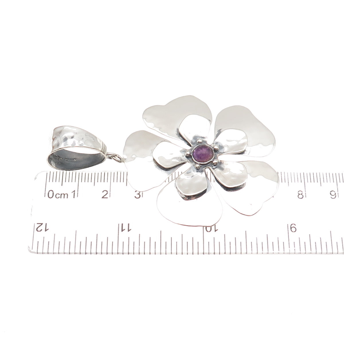 AIL Aluma 925 Sterling Silver Vintage Real Amethyst Flower Hammered Pendant