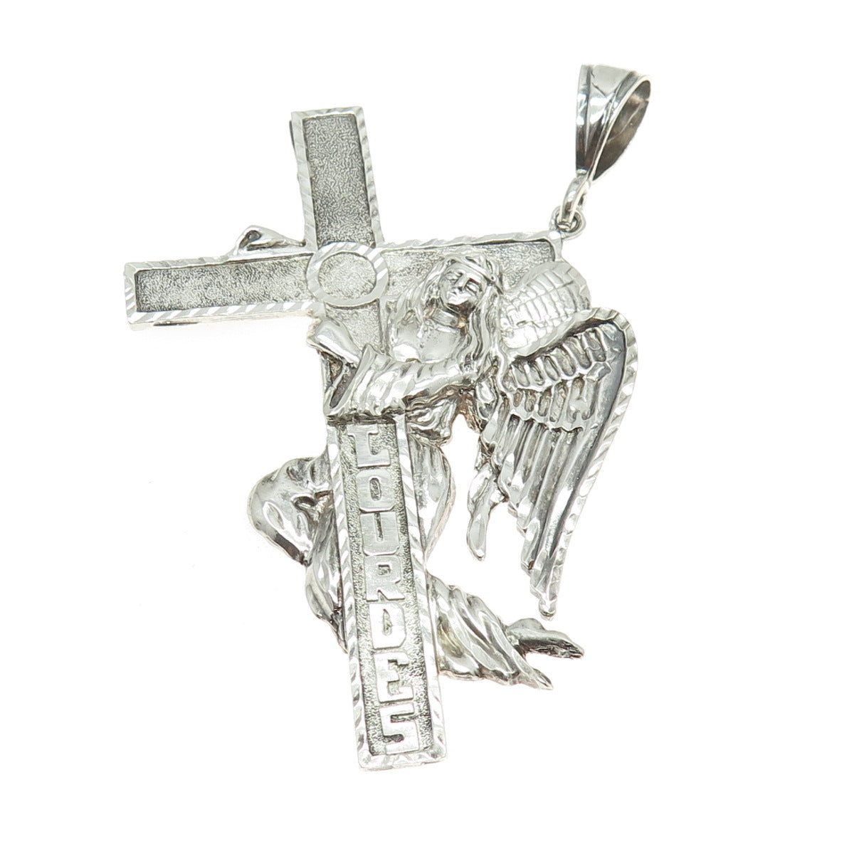 1 OF A KIND 925 Sterling Silver Vintage Lourdes Cross Angel Religious Pendant