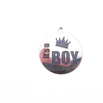 925 Sterling Silver Purple Enamel It's A Boy Round Tag Charm Pendant