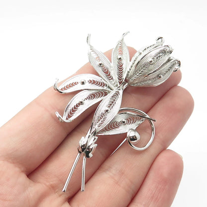 925 Sterling Silver Vintage CAMEO Filigree Floral Pin Brooch