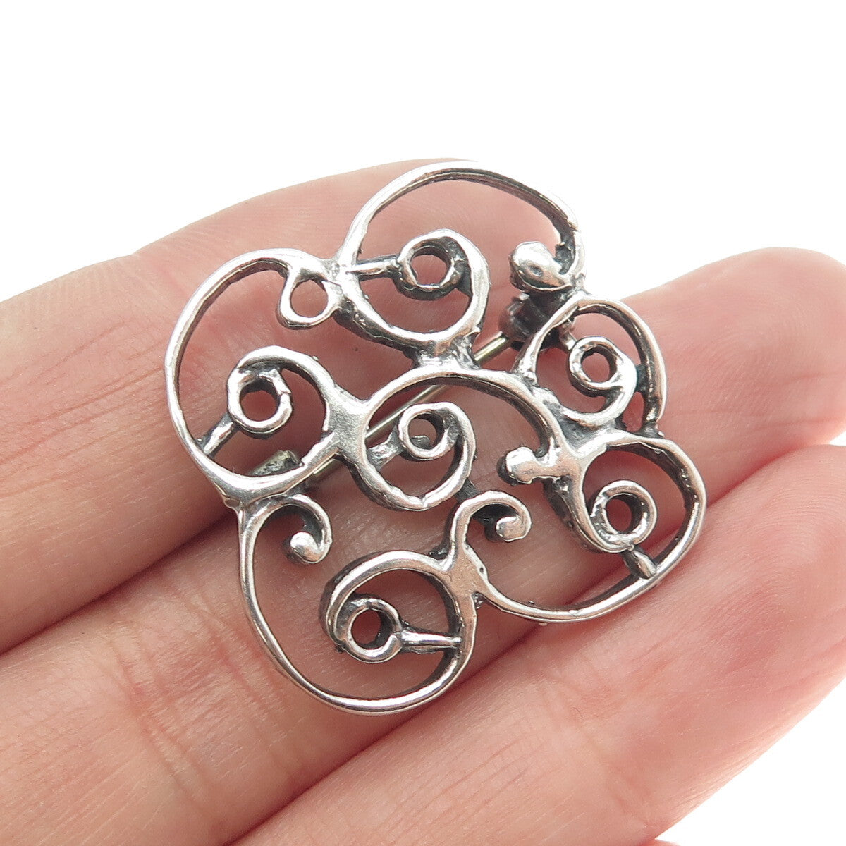 925 Sterling Silver Vintage Swirl Ornate Pin Brooch