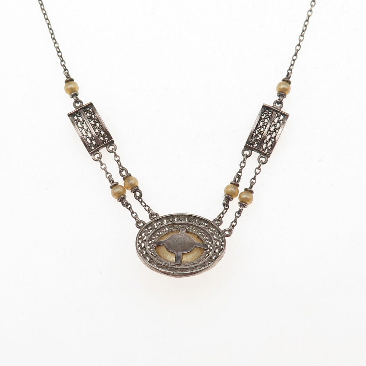 925 Sterling Antique Art Deco Faux Pearl Filigree Cable Chain Necklace 16"
