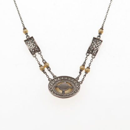 925 Sterling Antique Art Deco Faux Pearl Filigree Cable Chain Necklace 16"