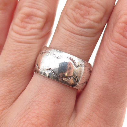 Old Pawn 925 Sterling Silver Vintage Southwestern Tribal Wide Band Ring Size 8.5