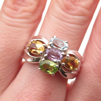 925 Sterling Silver Vintage Real Blue Topaz Amethyst Peridot Citrine Ring Size 8