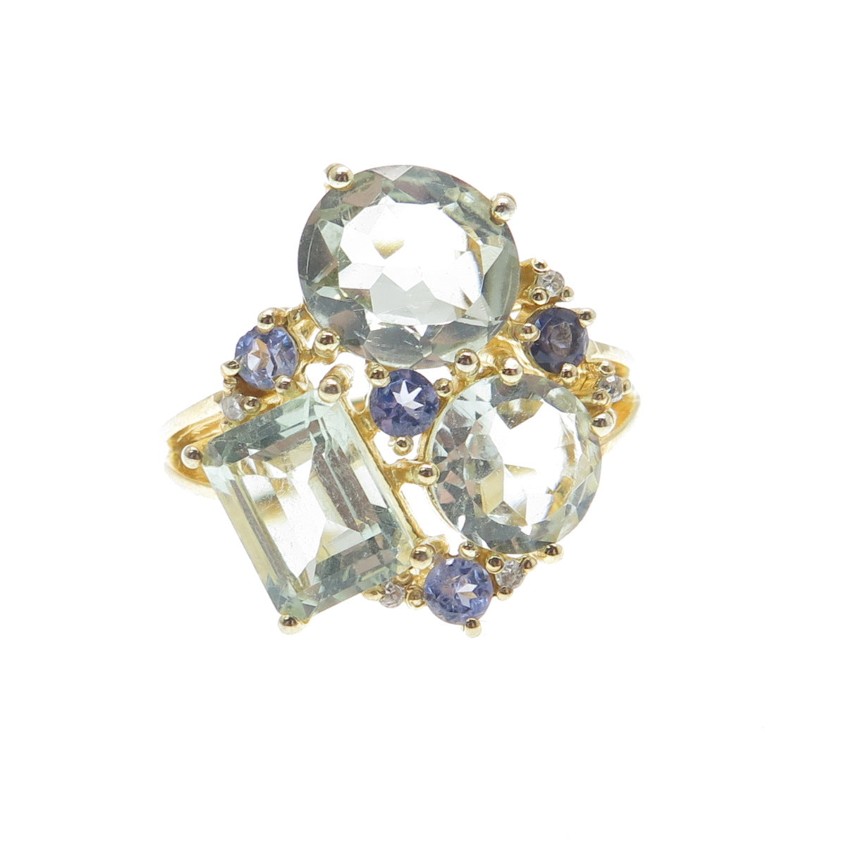 DSMK 925 Sterling Gold Plated Diamond Green Amethyst & Tanzanite Ring Size 7.75