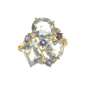DSMK 925 Sterling Gold Plated Diamond Green Amethyst & Tanzanite Ring Size 7.75