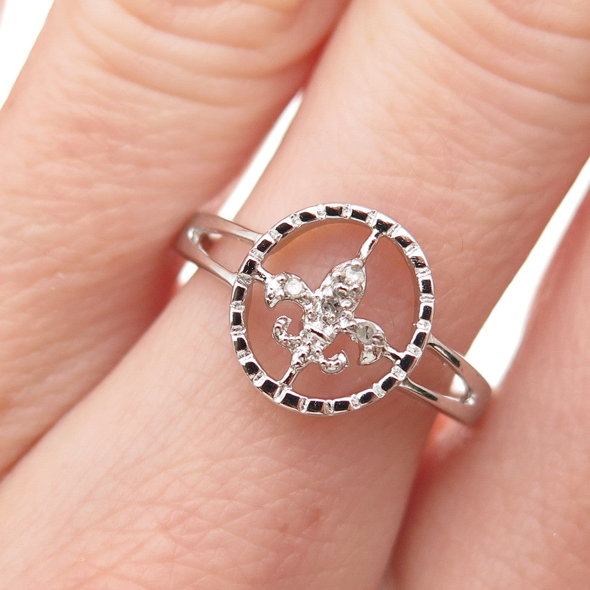 925 Sterling Silver Real Round-Cut Diamond Fleur de Lis Ring Size 7