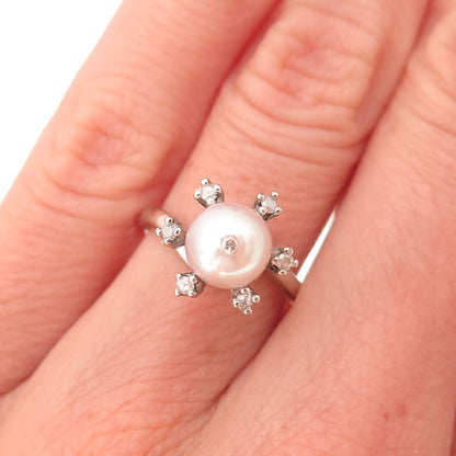925 Sterling Silver Vintage Real Diamond Pearl & White Topaz Ring Size 5