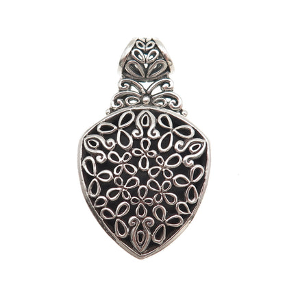 925 Sterling Silver Vintage Mexico Floral Ornate Oxidized Slide Charm Pendant