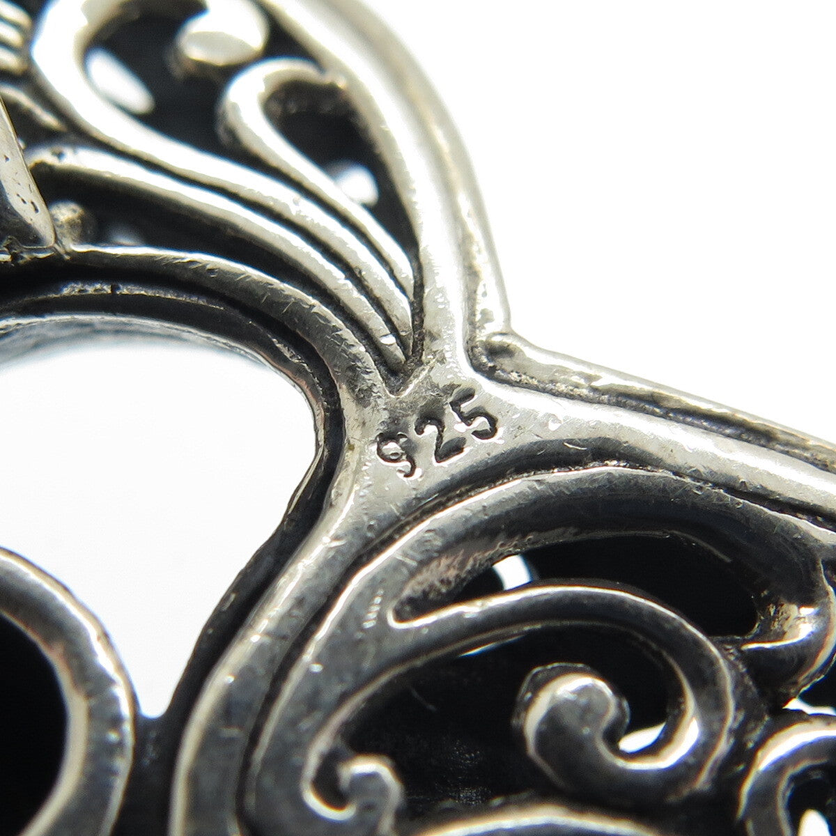 925 Sterling Silver Vintage Real Black Onyx Ornate Heart Oxidized Pendant