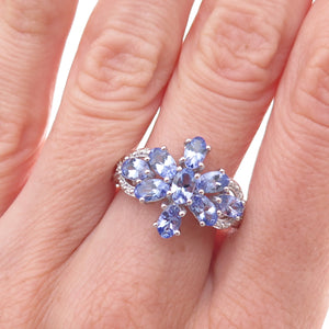 925 Sterling Silver Real Diamond Accent & Tanzanite Floral Ring Size 8