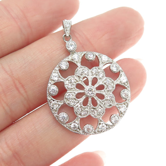 925 Sterling Silver Round-Cut C Z Flower Ornate Pendant