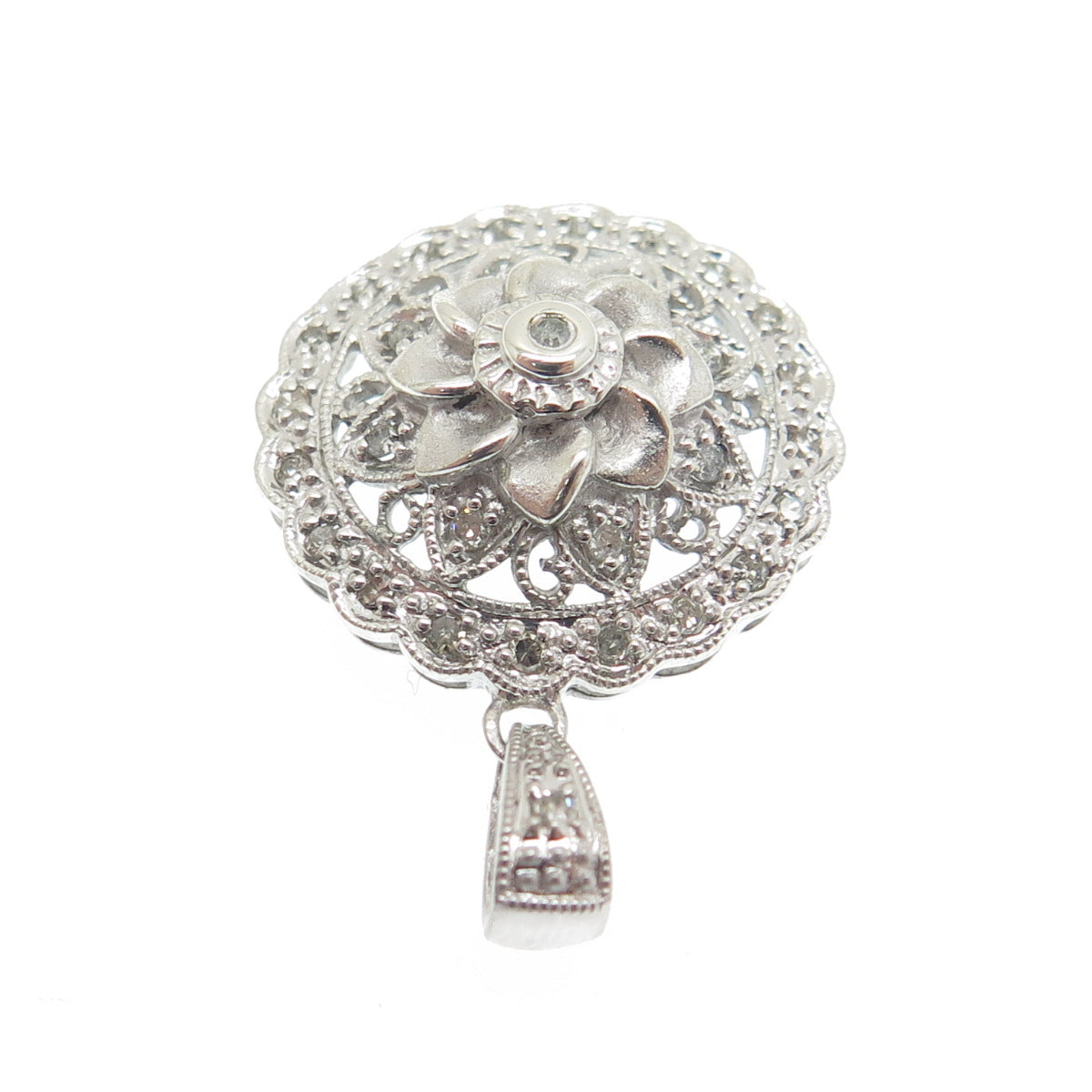 925 Sterling Silver Real Round-Cut Diamond Flower Blossom Pendant