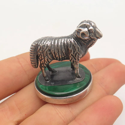 925 Sterling Silver Vintage Malachite Gemstone Aries Zodiac Sign Table Figurine