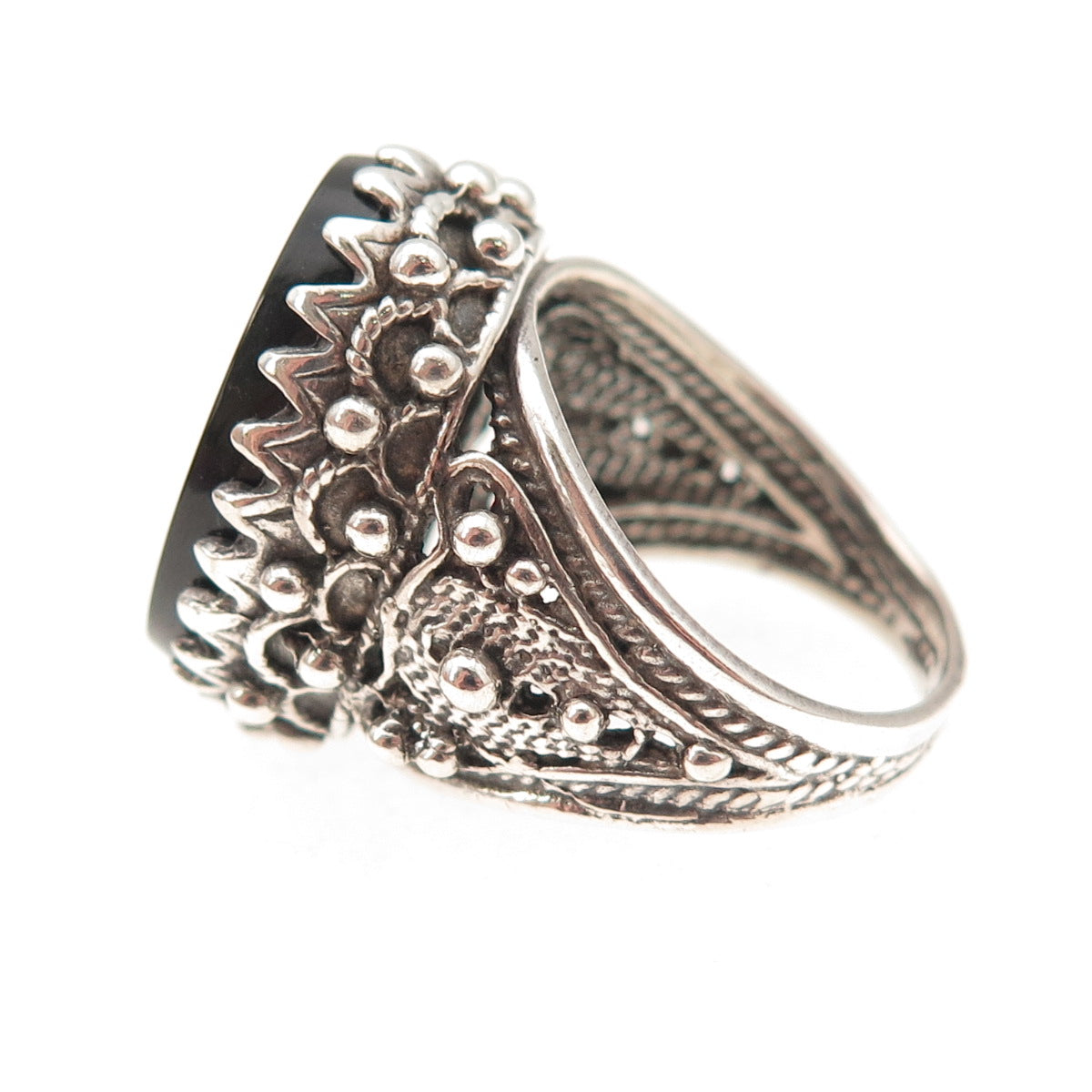 925 Sterling Silver Vintage Real Black Onyx Filigree Oxidized Ring Size 7.25